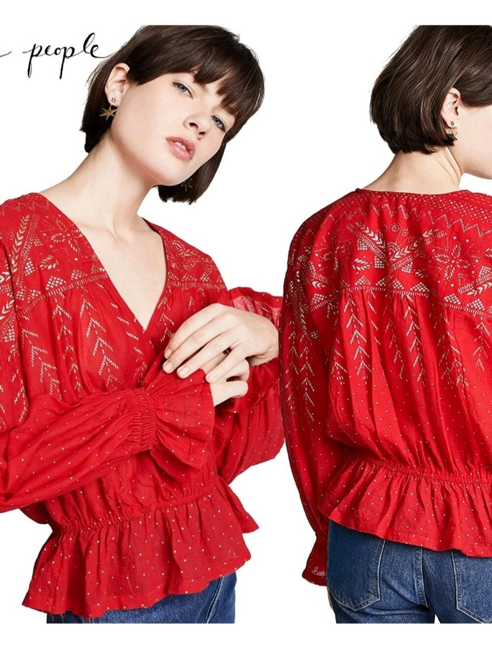FREE PEOPLE Counting Stars Red Cotton Blouse In Small Peasant Peplum Boho Top